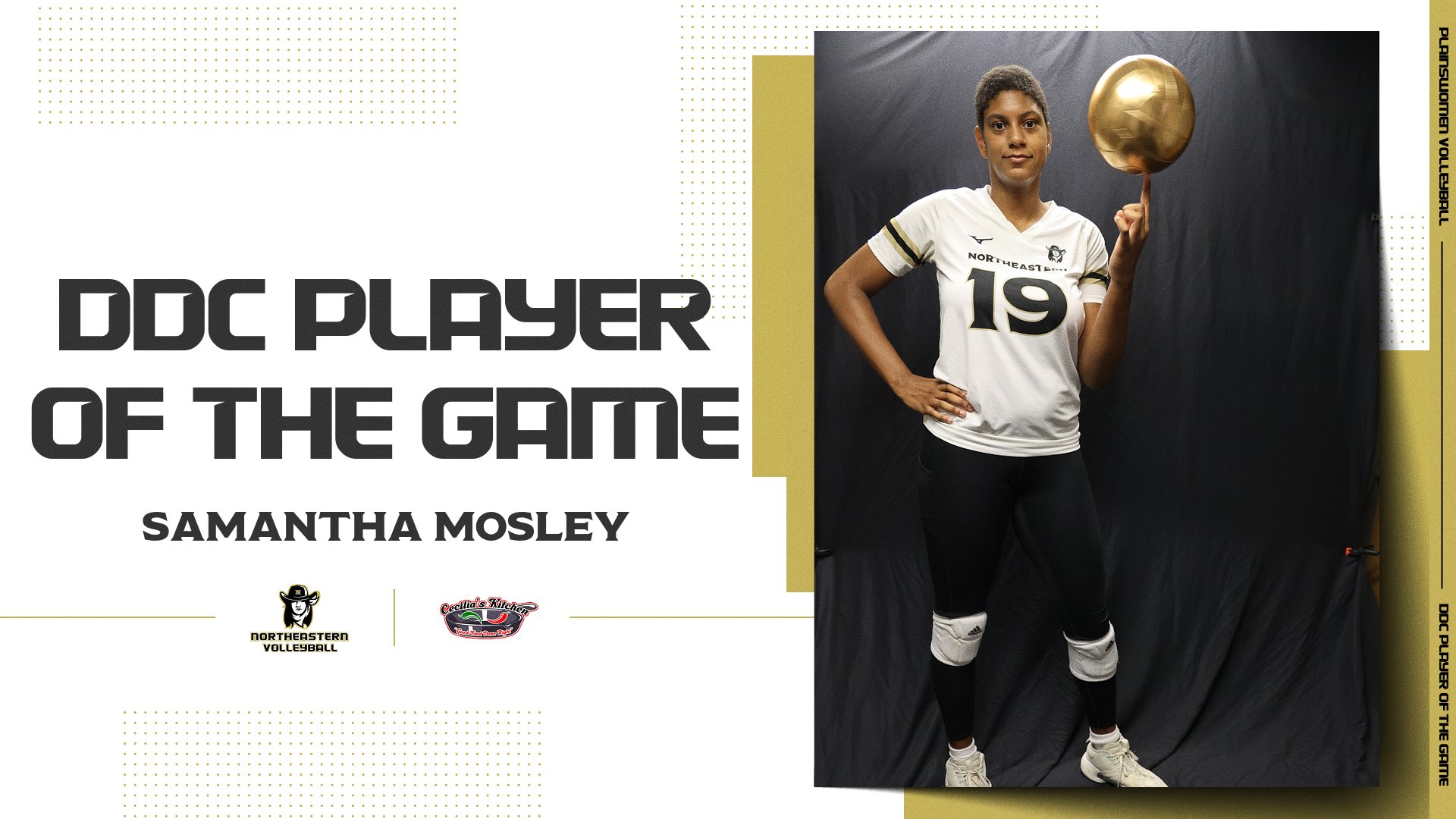 Samantha Mosely holds the volleyball out with her left hand as she poses for the camera.